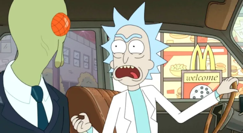 Rick at the McDonald's drive-thru in the Rick and Morty episode
