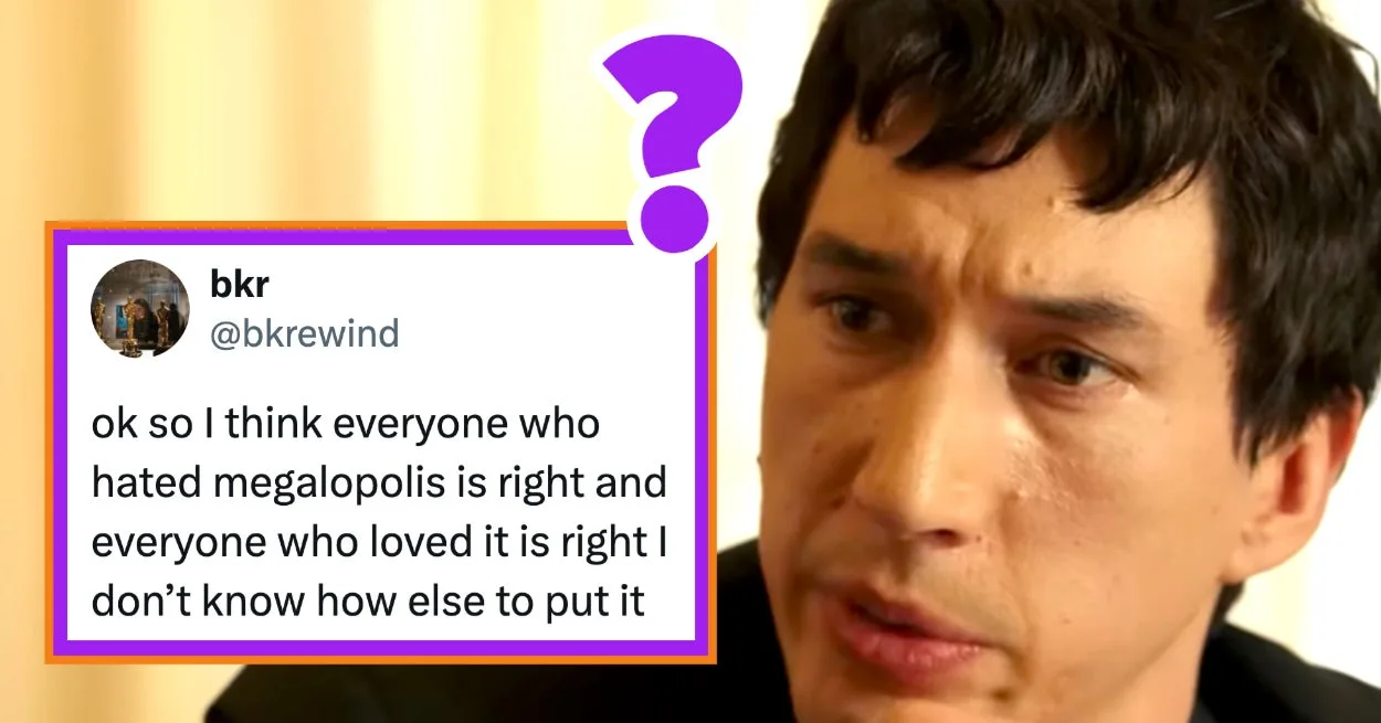 Adam Driver and Nathalie Emmanuel in a scene. A tweet by William B. Fuckley @opinonhaver: "the consensus among you all on megalopolis seems to be roughly 'it is a bad movie that you should go see…