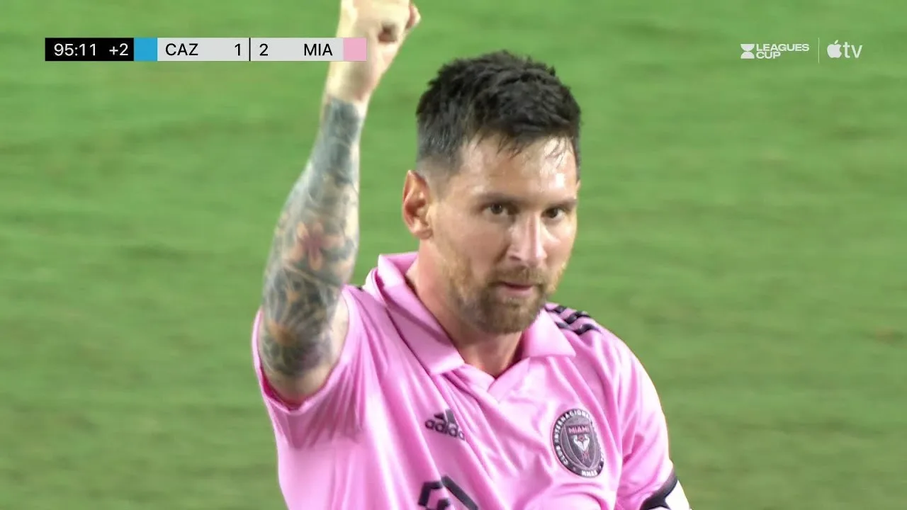 Messi celebrates his stoppage-time free-kick winner on his Inter Miami debut