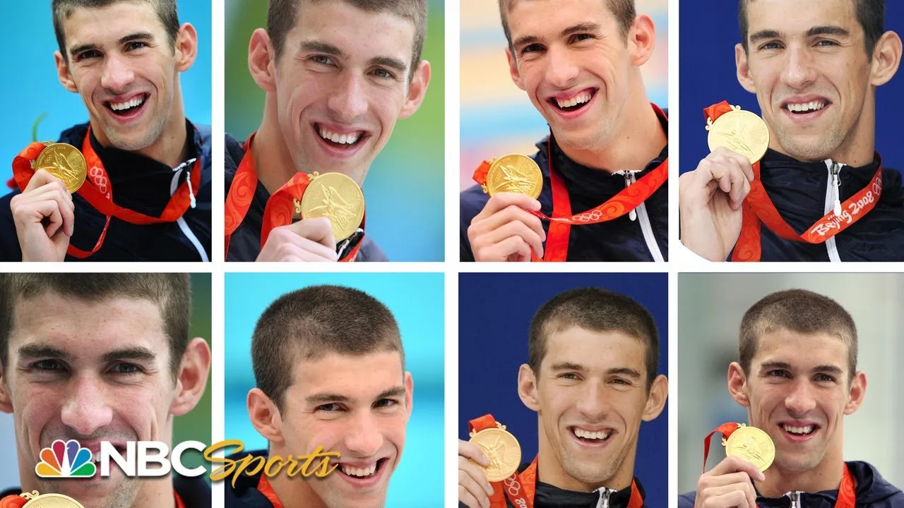 NBC Sports grid of Phelps with each of his eight Beijing gold medals