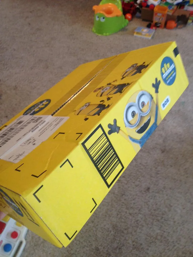An Amazon delivery box printed with Minions