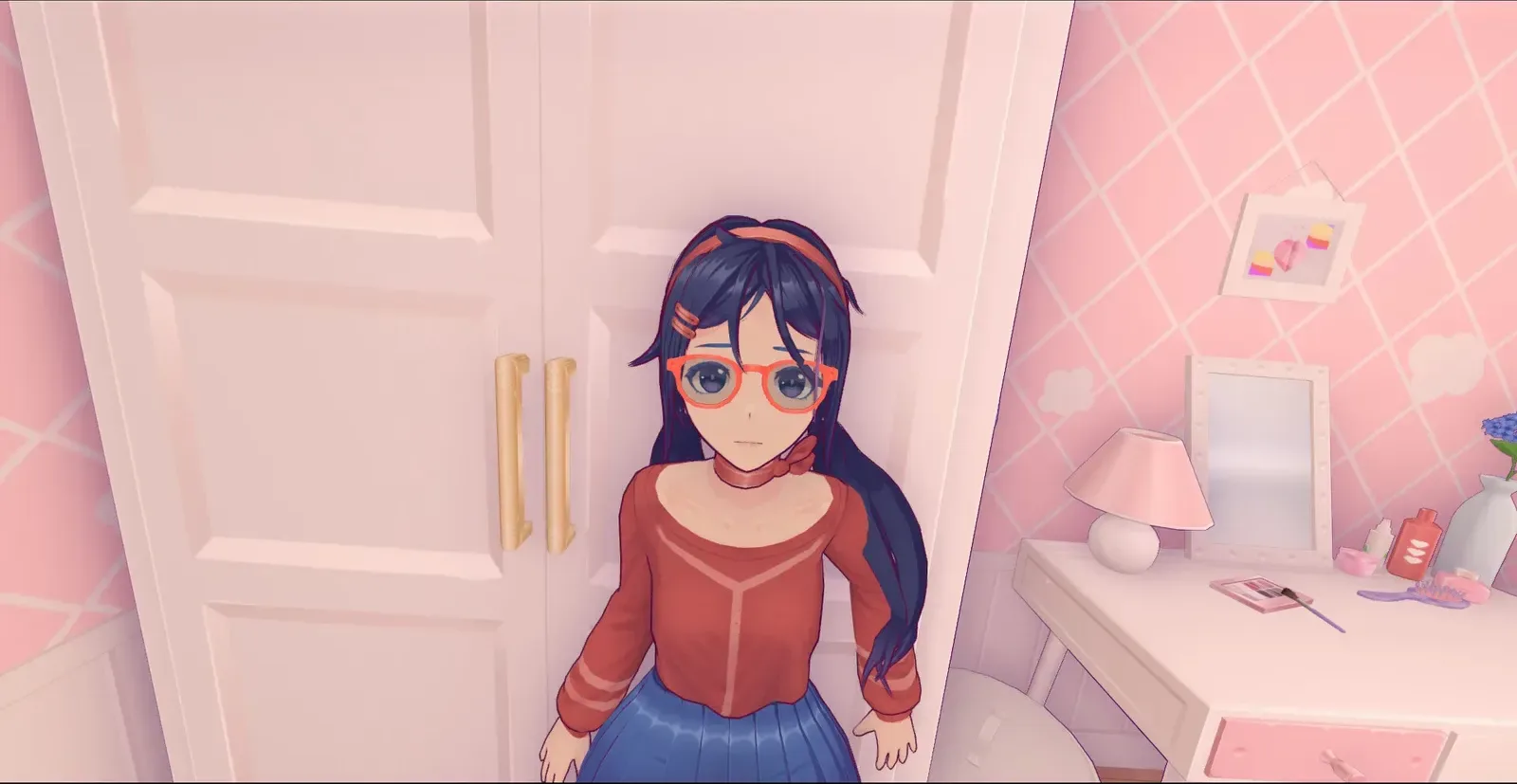 Mita stood in front of a wardrobe in an official MiSide gameplay screenshot.