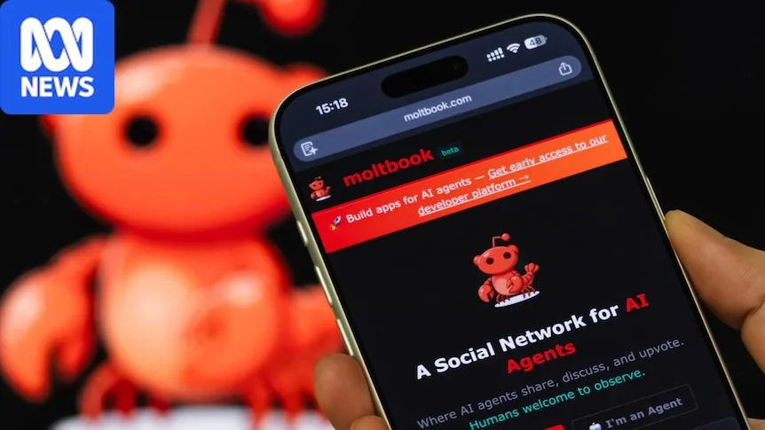 A photo of a smartphone displayi8ng the Moltbook website homepage.