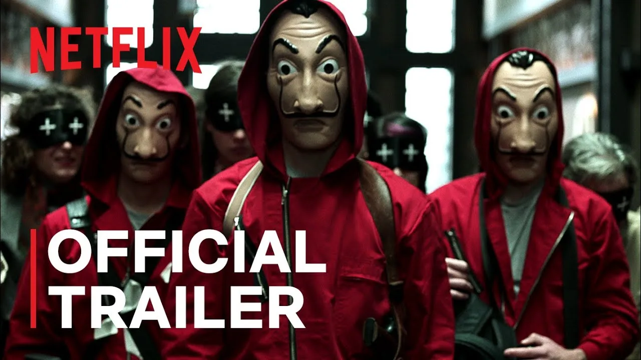 Money Heist robbers in red jumpsuits and Dalí masks