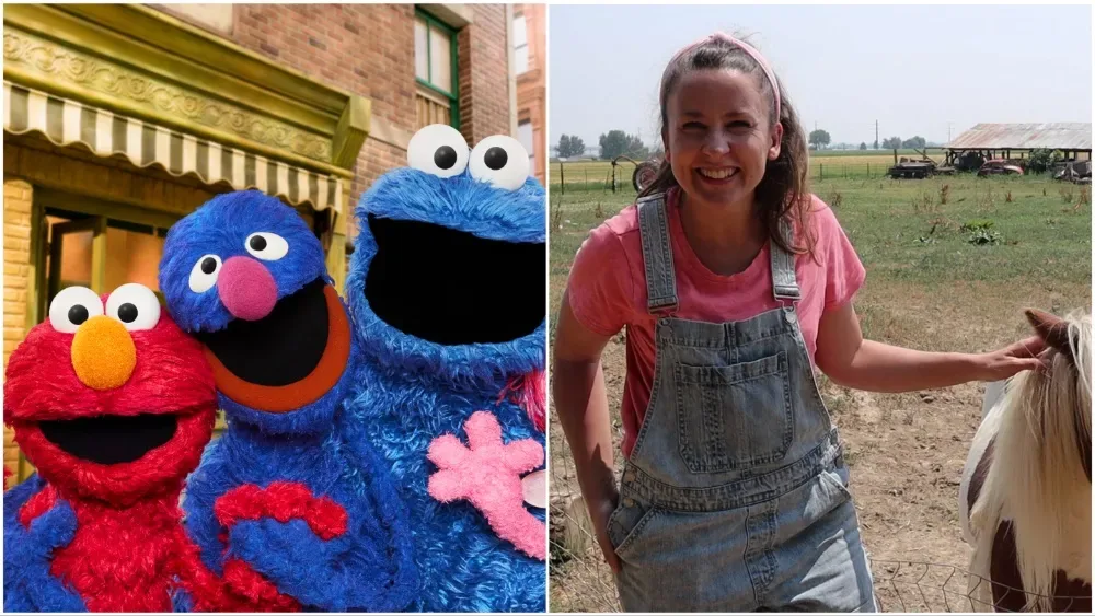 Elmo, Grover and Cookie Monster beside Ms Rachel