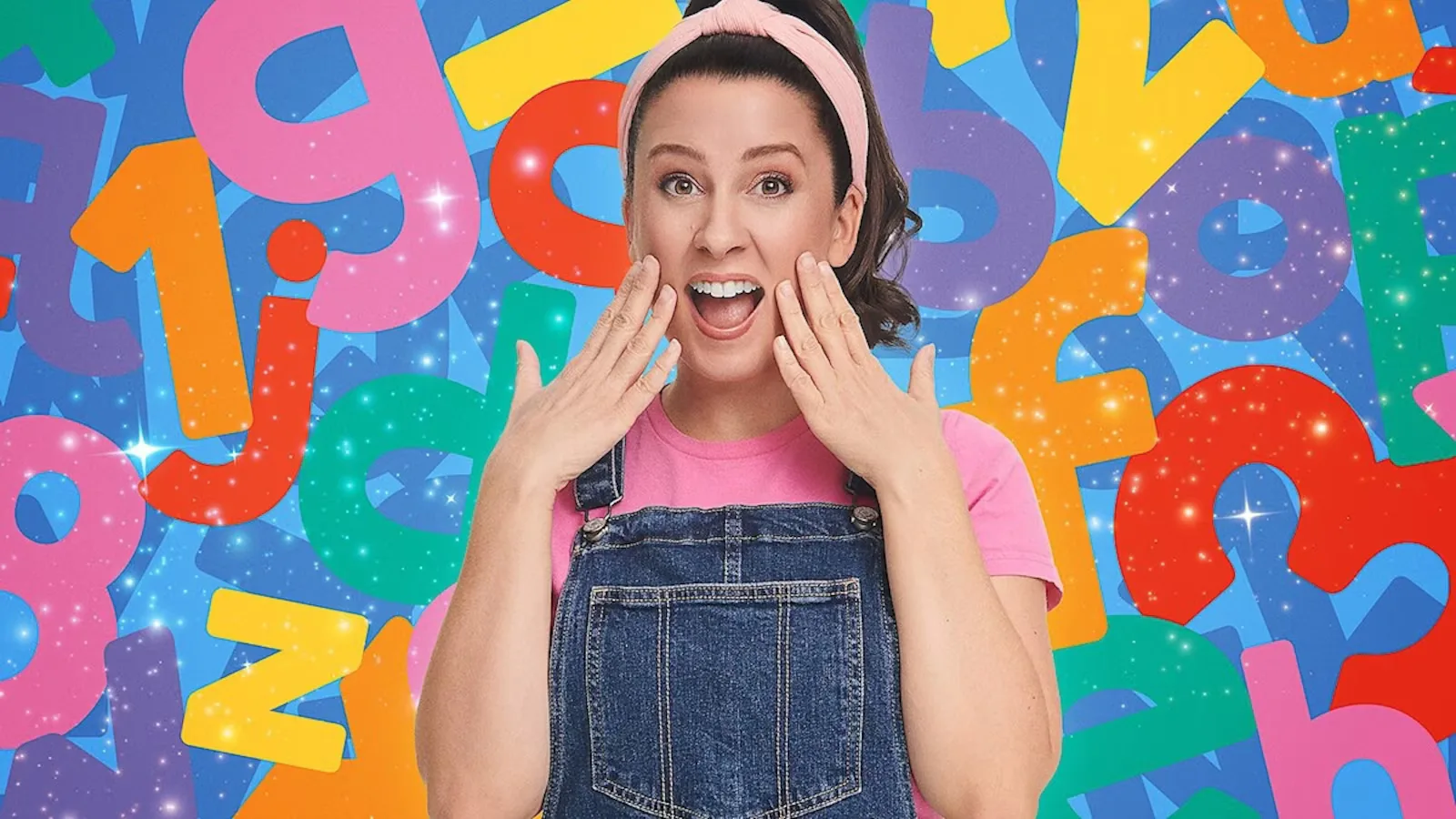 Ms Rachel among colourful letters, promoting the Netflix release