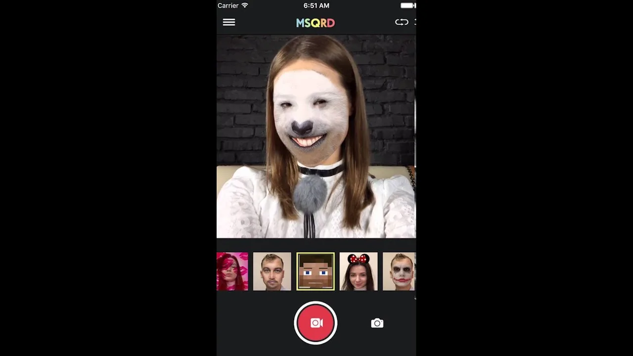 Frame from MSQRD’s official demo showing a live animal mask and the camera controls.