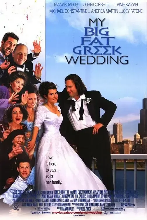 Original My Big Fat Greek Wedding poster, Nia Vardalos and John Corbett in front of the Portokalos family.