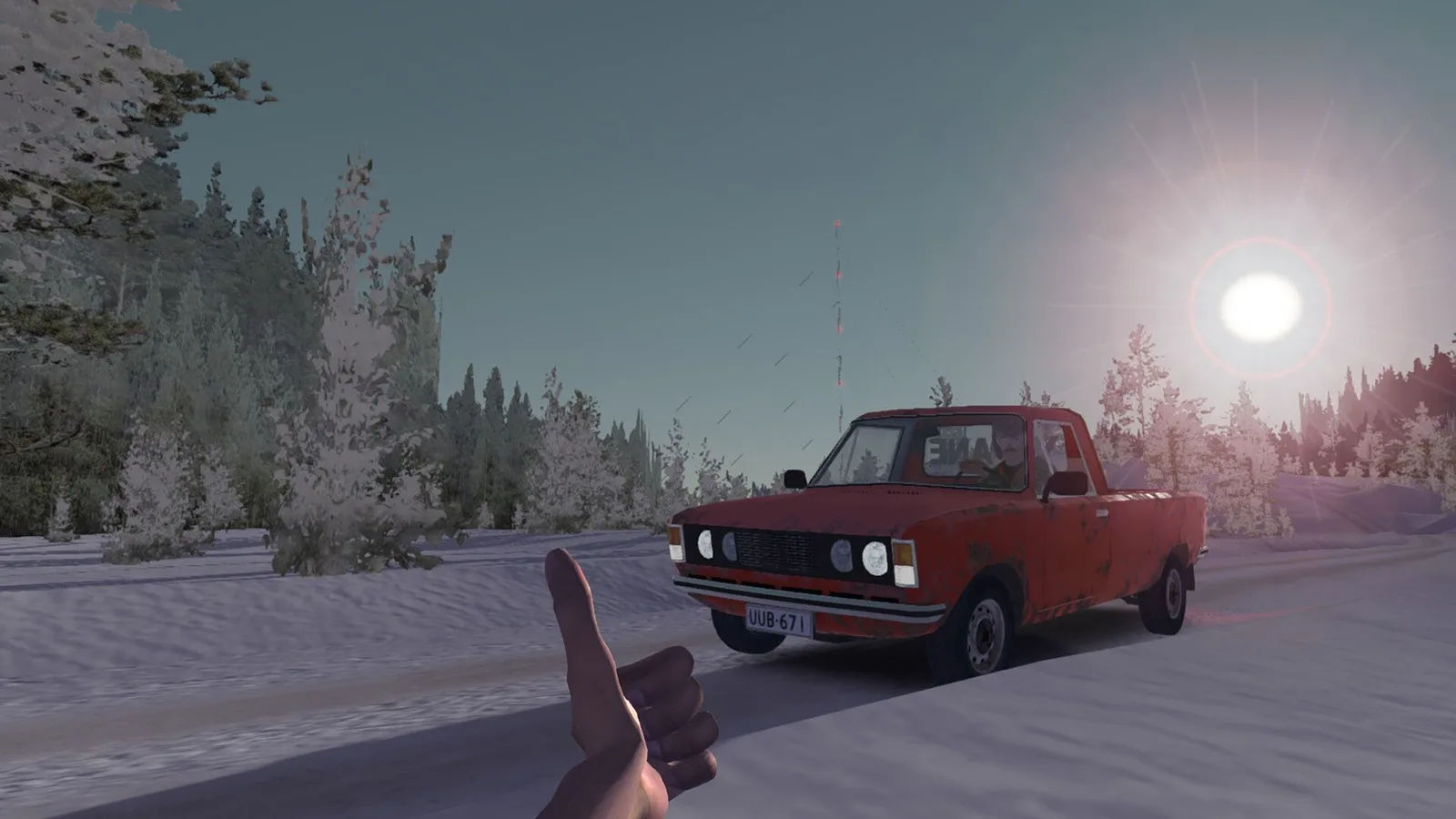 The player gives a thumbs up to someone in a small red car