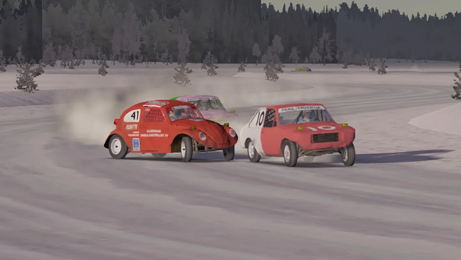 My Winter Car screenshot of two red cars racing in snow