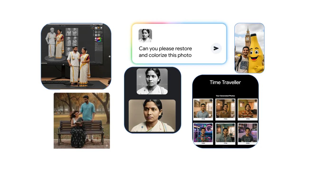 Google’s examples of Nano Banana figurines, retro portraits and other image trends.