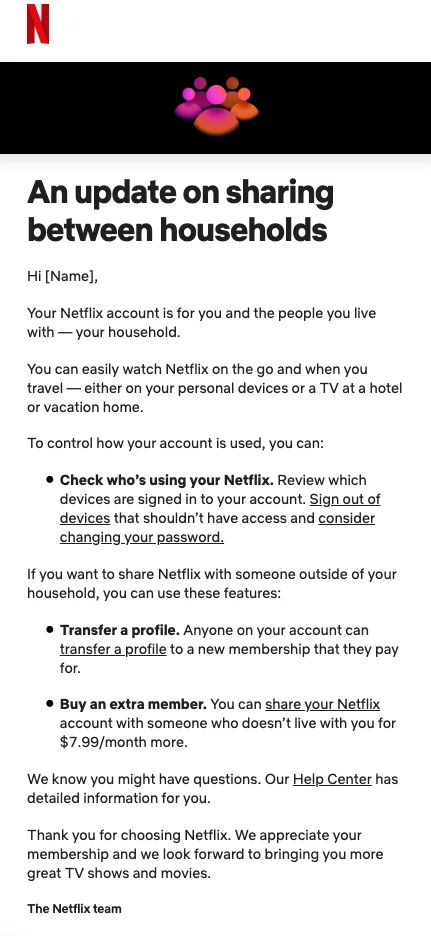 Official US paid-sharing email with profile-transfer and extra-member options at $7.99 per month.