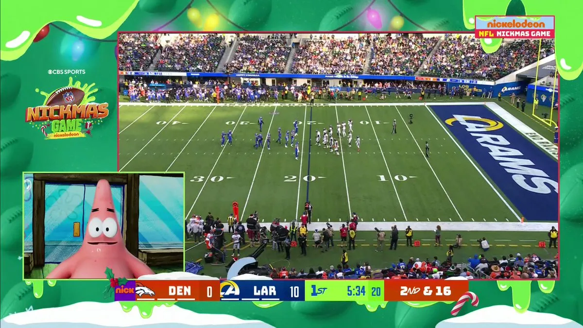 Patrick Star calls play-by-play in the Nickelodeon broadcast's corner window