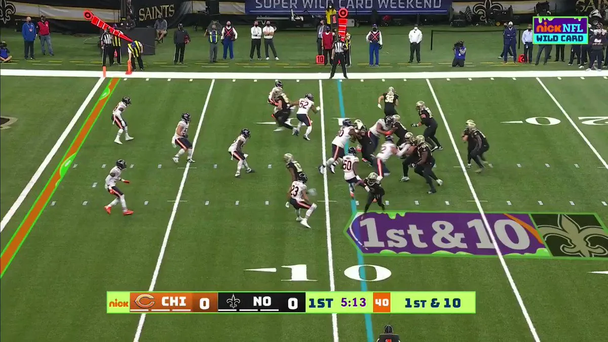 The Nickelodeon broadcast view, with its slime-green graphics