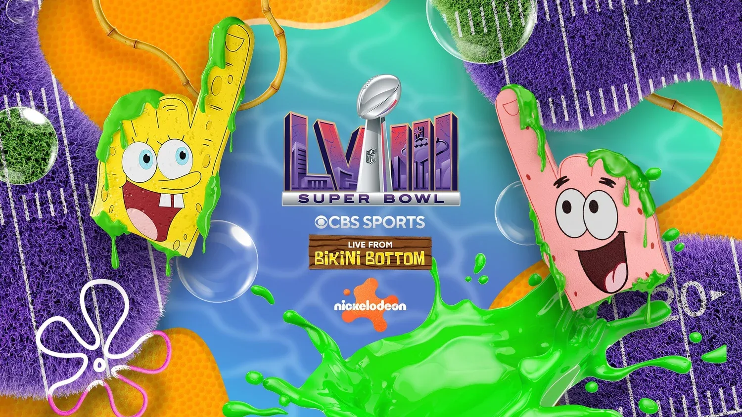 Super Bowl LVIII Live from Bikini Bottom key art with SpongeBob and Patrick