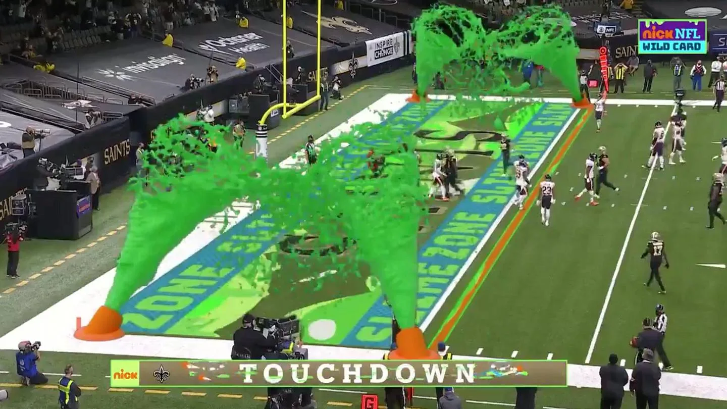 Slime cannons fire in the end zone after a Saints touchdown