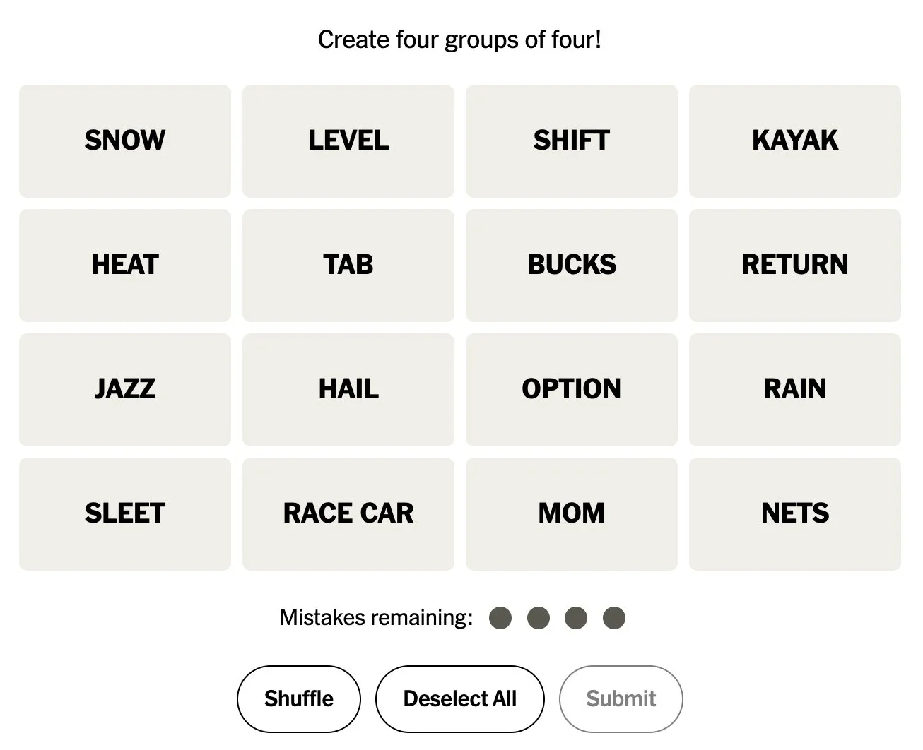 Very excited to share the game I've been working on, Connections! I've loved making it, and hope you enjoy playing. Huge thanks to Heidi Erwin @oatmemo, Bella Virgilio, and the @NYTGames team 😍🥳