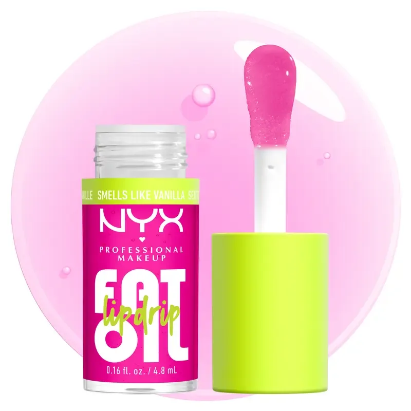 NYX Fat Oil Lip Drip bottle with a green cap and pink lip gloss on the applicator.