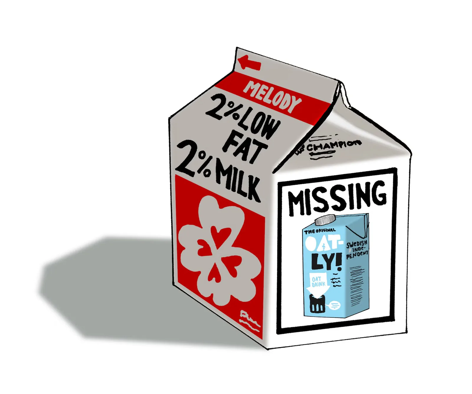 Illustration of a milk carton with a missing Oatly notice