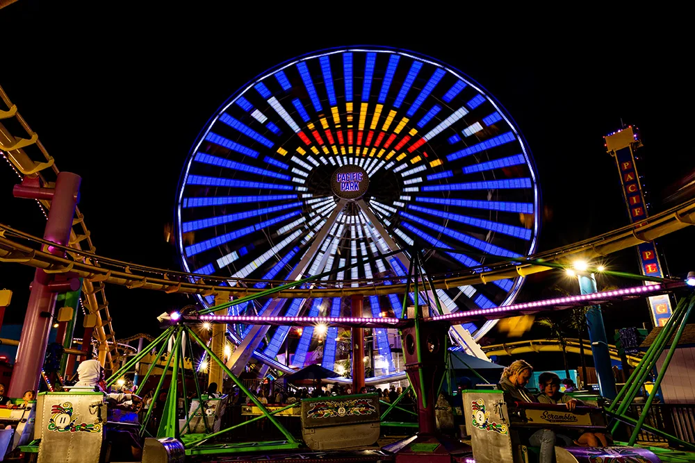 The Santa Monica Pier Ferris wheel lit for One Piece fan celebrations.