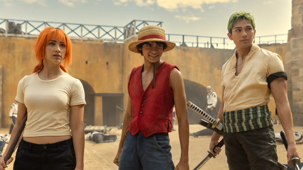 Nami, Luffy and Zoro in a scene from One Piece.