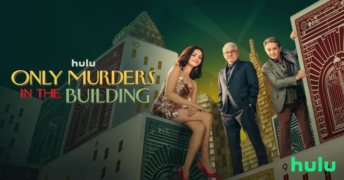Only Murders in the Building key art with Selena Gomez, Steve Martin and Martin Short.