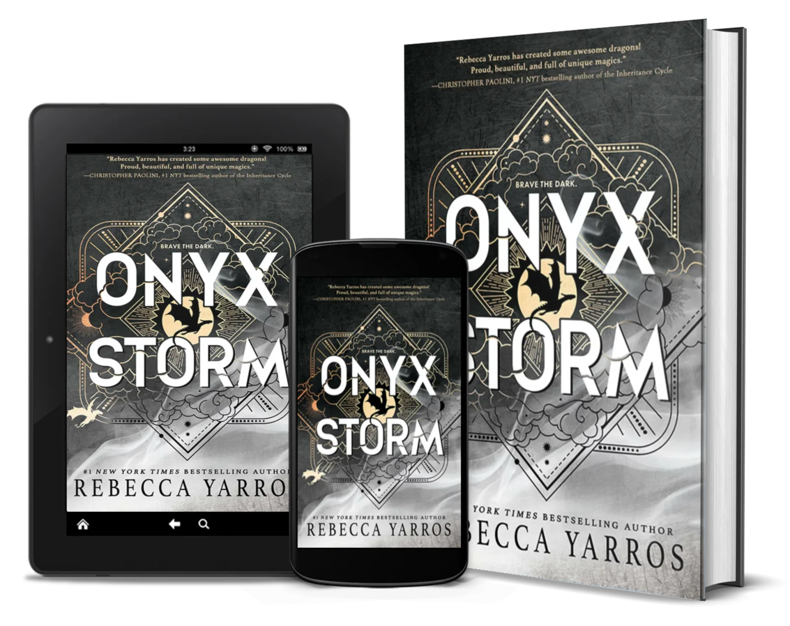 Onyx Storm print book and ebook cover images from Rebecca Yarros’s official book page.