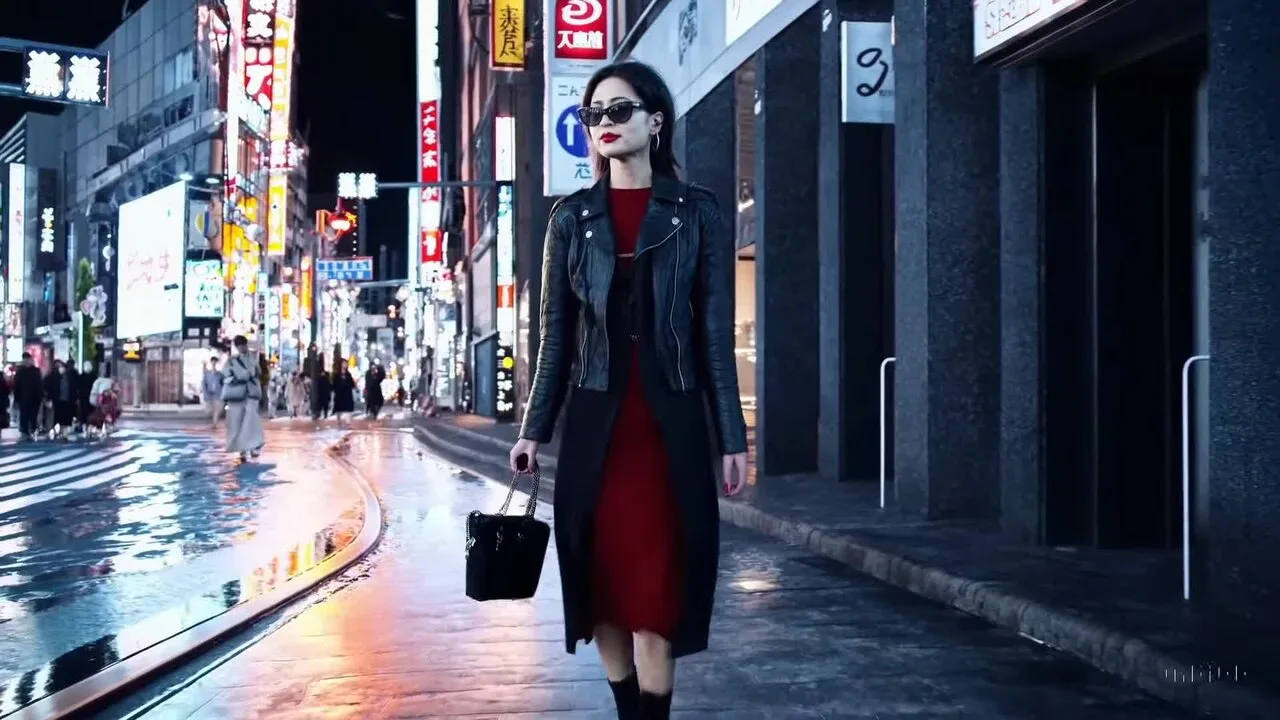 Still from Sora's separate night-time Tokyo walk demo, catalogued by Commons as public-domain algorithmic output.