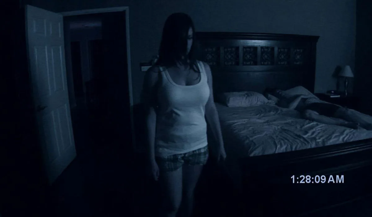 Night-vision bedroom still from Paranormal Activity