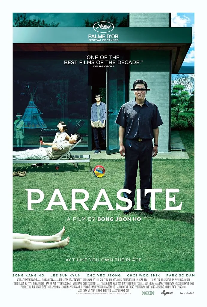 Parasite theatrical poster: the Park house lawn, with a pair of legs in the foreground.