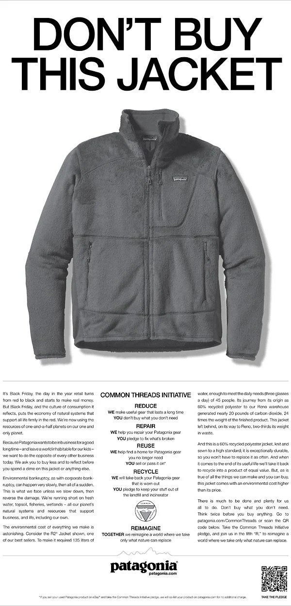 Patagonia 2011 Don’t Buy This Jacket print advertisement. Original black-and-white campaign creative reproduced in a 2018 retrospective.