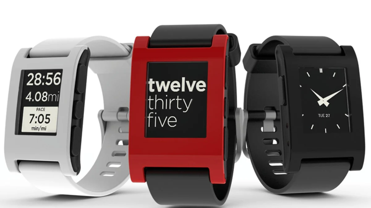 Original Pebble Kickstarter project image showing three e-paper watches. Original campaign project image retained on Kickstarter.