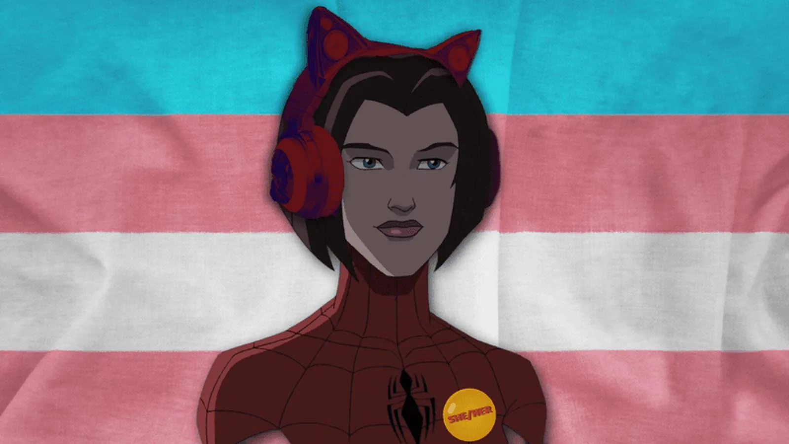 Animated style illustration of Petra Parker wearing cat ear headphones against a transgender flag
