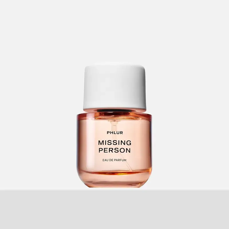 Official Phlur seller’s 50mL Missing Person perfume bottle and product photographs.