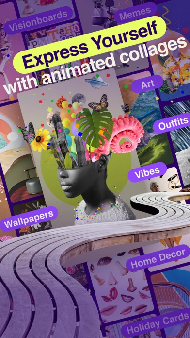 Official Shuffles screenshot showing animated collage examples and image cutouts.