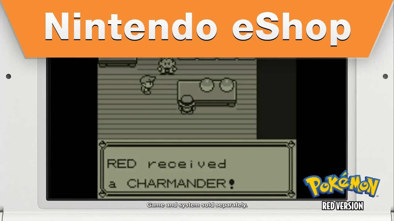 Pokémon Red gameplay from Nintendo's eShop launch trailer: the player receives Charmander