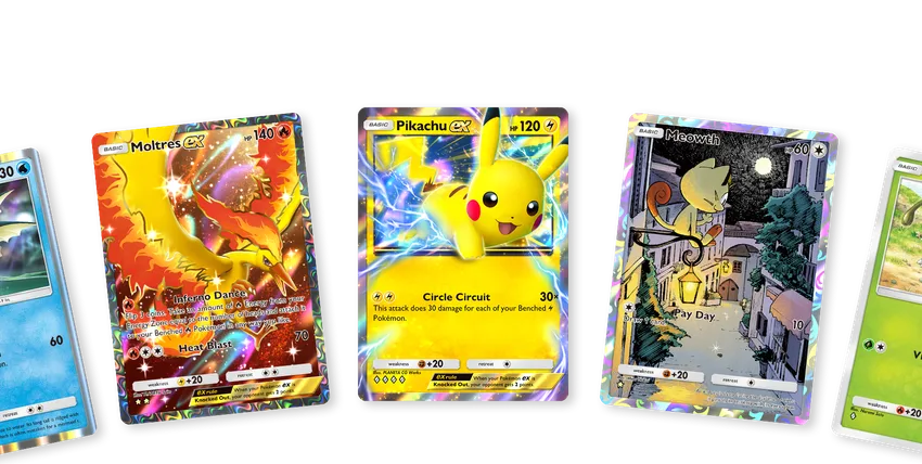 Official render of the game’s digital cards, including Pikachu ex and Meowth.
