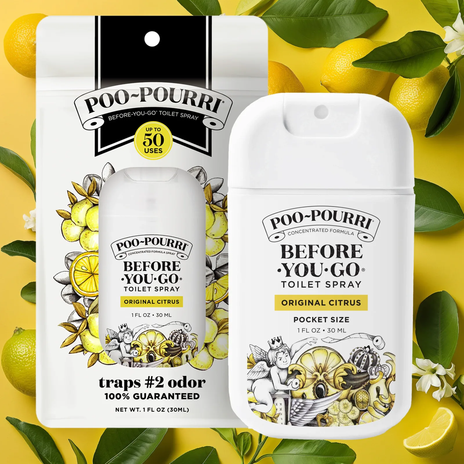 Current Poo~Pourri Original Citrus toilet-spray packaging; not the 2013 label.