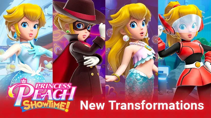 Official Nintendo artwork showing four Peach transformations