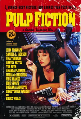 Pulp Fiction theatrical poster: Uma Thurman as Mia Wallace on a bed with a cigarette
