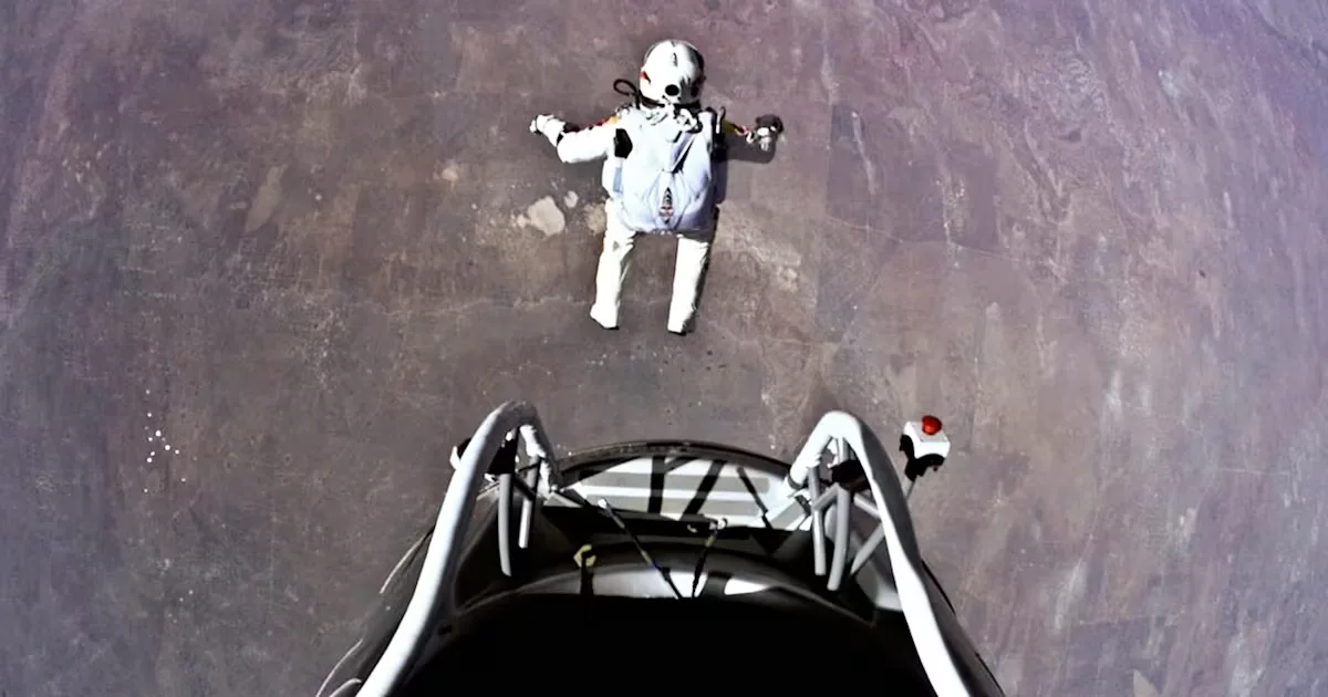 Felix Baumgartner begins his Red Bull Stratos jump above Roswell, New Mexico, USA on October 14, 2012.