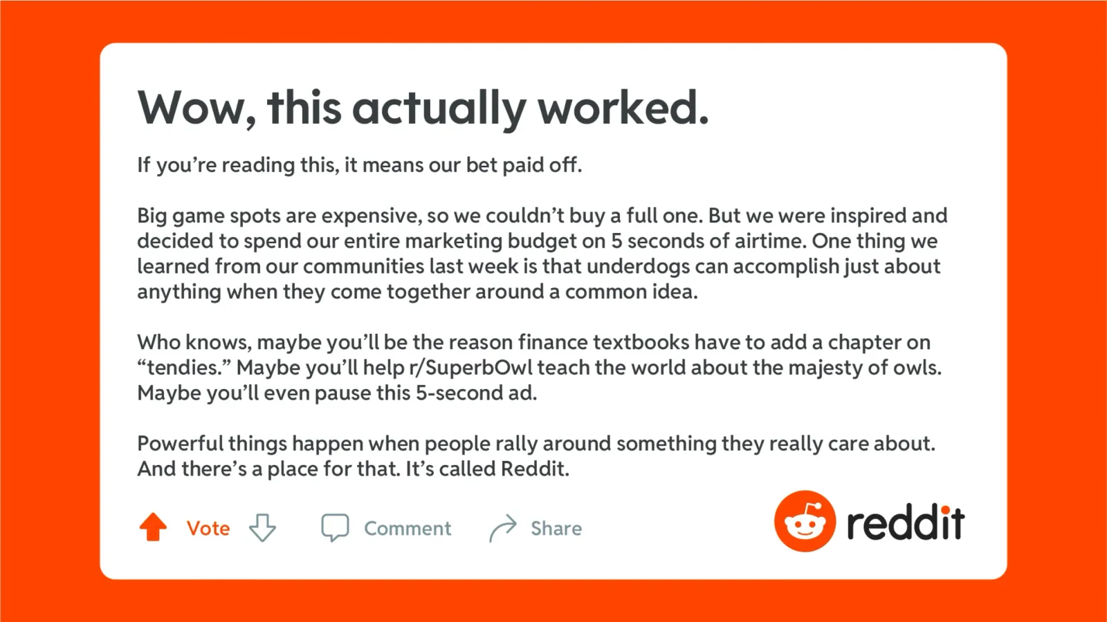 The complete text card from Reddit’s five-second spot, supplied on R/GA’s official campaign page.