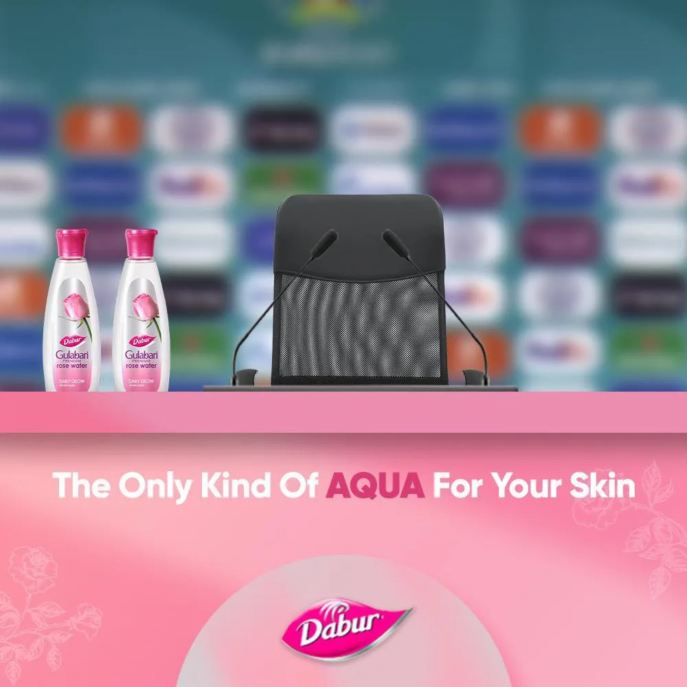 Dabur's riff: the press-conference table with its skin-care bottles