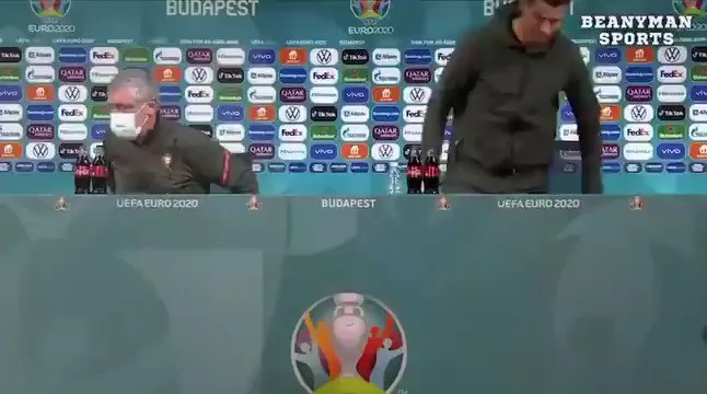 Ronaldo at the press-conference table, as shared by Evian