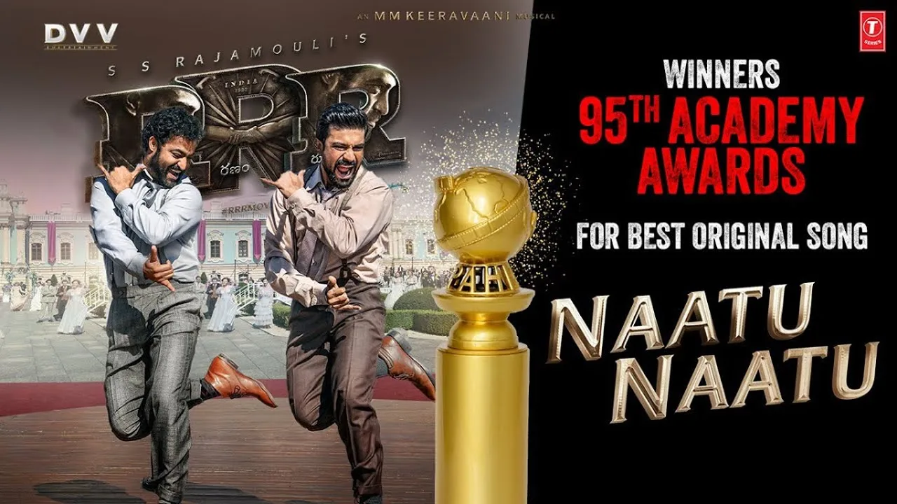 'Naatu Naatu' video thumbnail marking its Oscar for best original song.