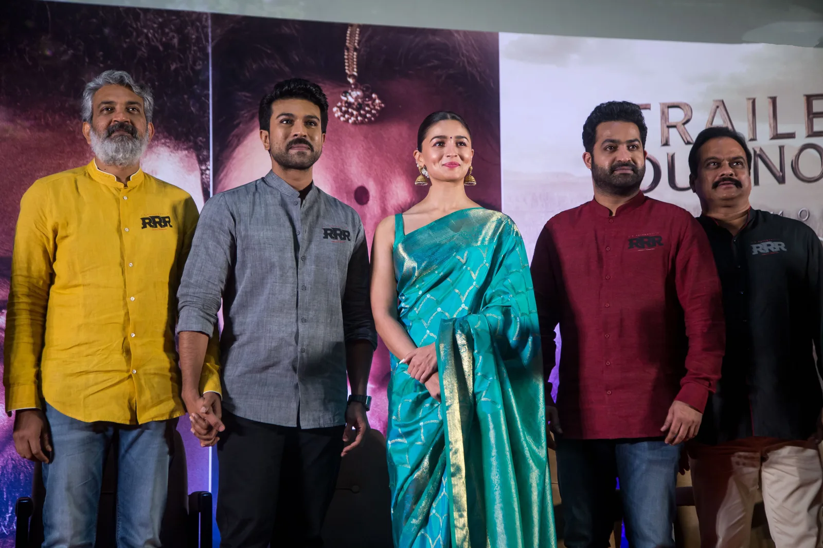 Rajamouli, Ram Charan, Alia Bhatt and N. T. Rama Rao Jr. at the RRR press meet in Chennai.