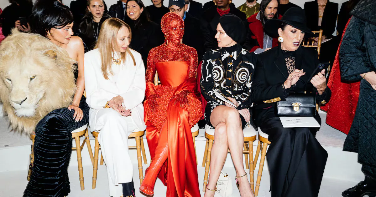 (Left to right) Front row at Schiaparelli's Couture show in Paris: Kylie Jenner, Marisa Berenson, Doja Cat, Diane Kruger and Rossy de Palma.