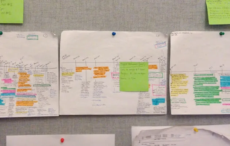 A wall of handwritten case notes.
