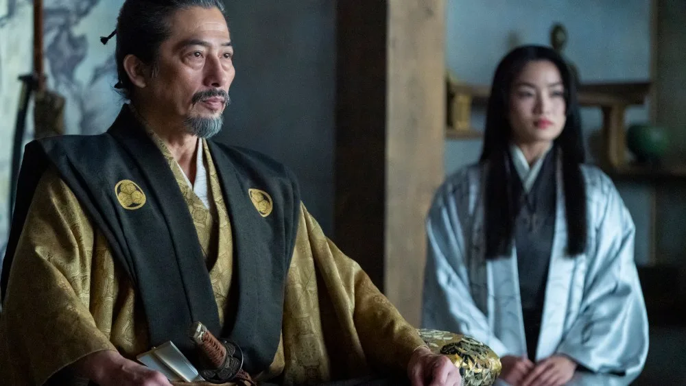 “SHOGUN” -- "Servants of Two Masters" -- Episode 2 (Airs February 27) Pictured: Hiroyuki Sanada as Yoshii Toranaga, Anna Sawai as Toda Mariko. CR: Katie Yu/FX