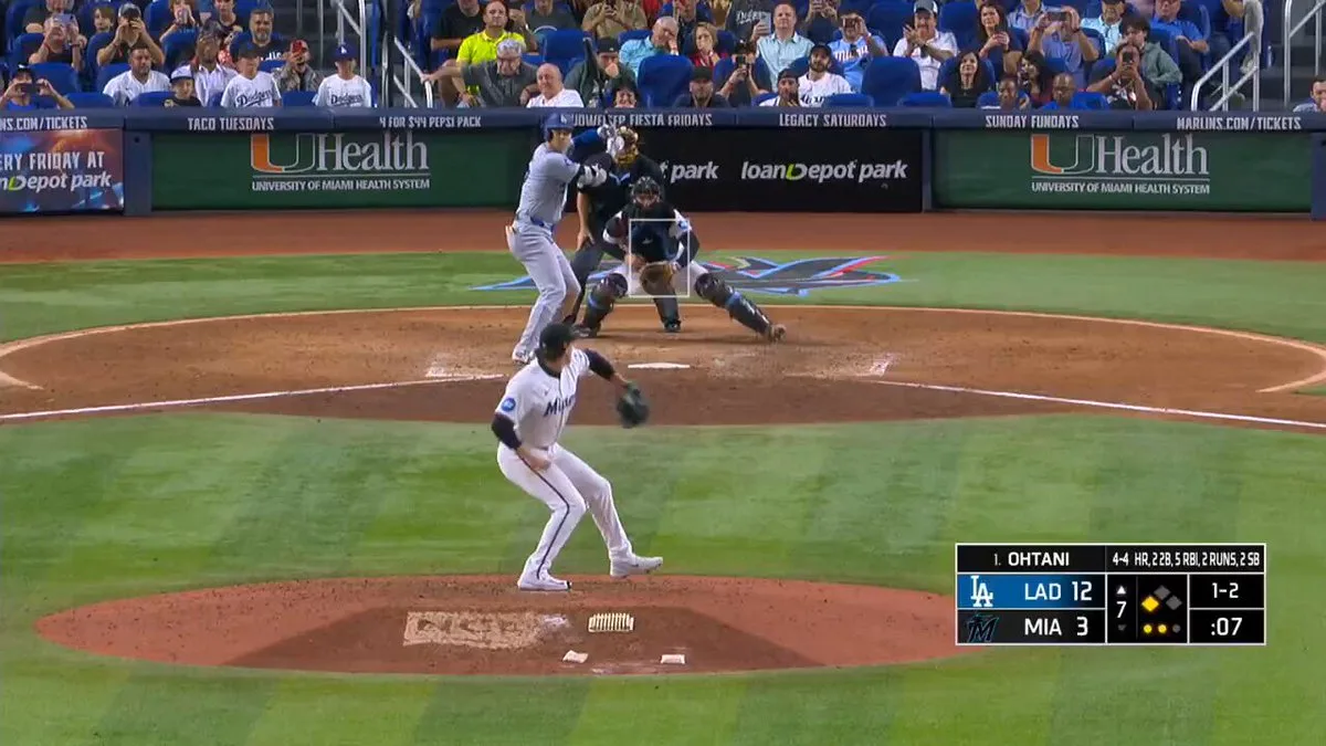 Broadcast frame of Ohtani's 50th home run